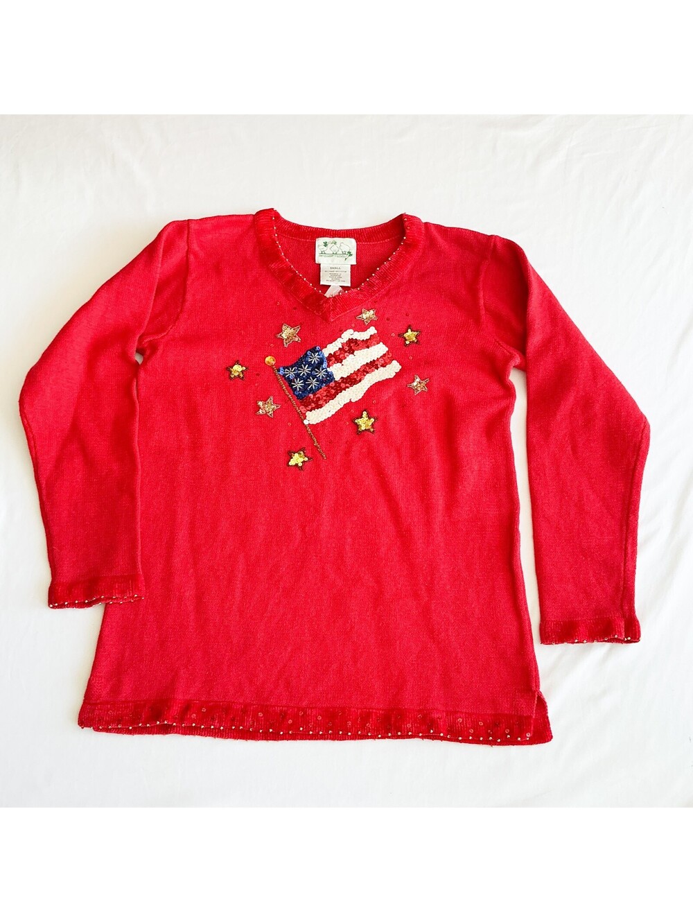 The Quacker Factory Red Patriotic Sequin Flag Sweater V-Neck Long Sleeve Small